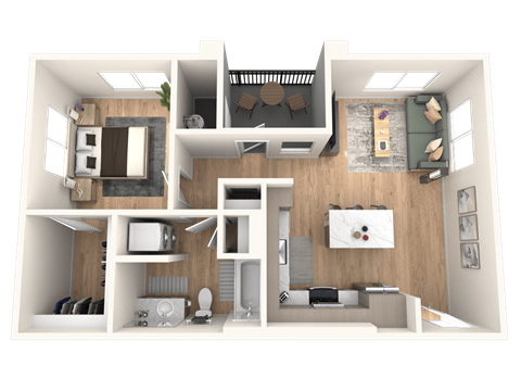 Floor plan for 1 bed, 1 bath, 743 sqft
